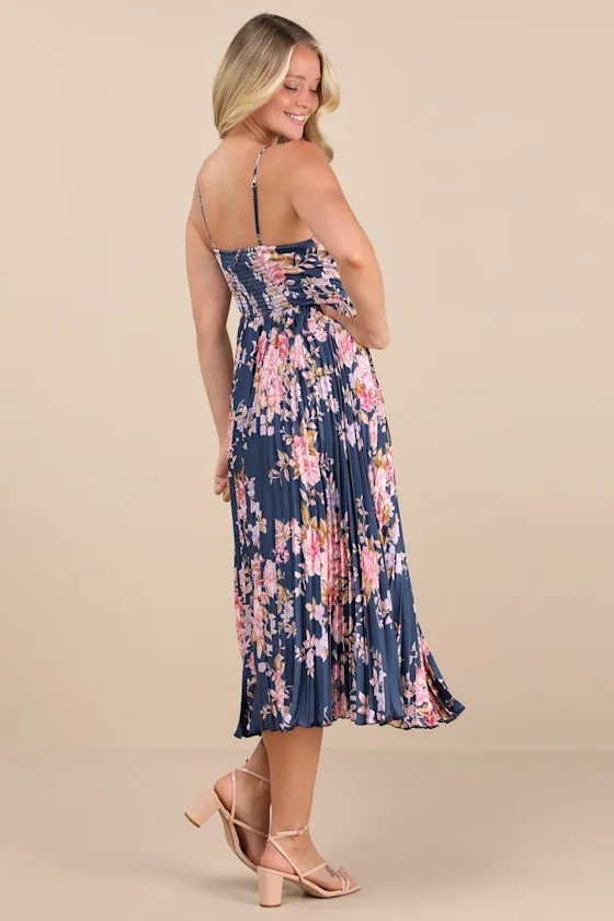 Francette Navy Floral Satin Pleated Midi Dress sold by Lulus product image thumbnail 3
