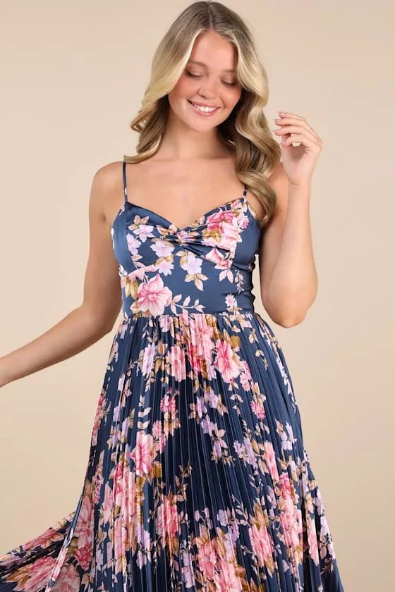 Francette Navy Floral Satin Pleated Midi Dress sold by Lulus product image thumbnail 4