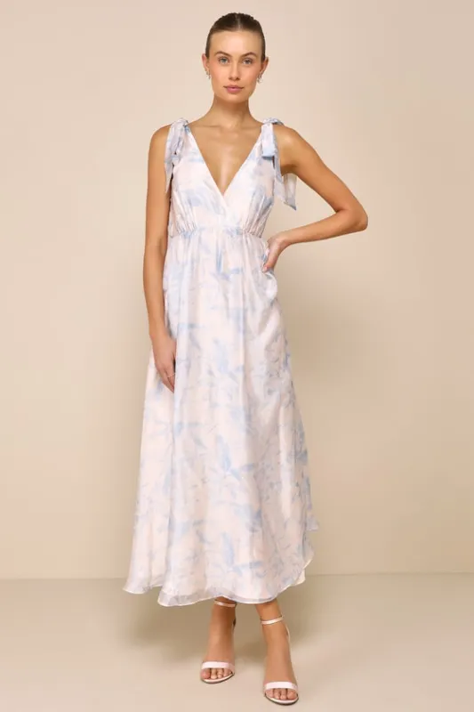 Breathtaking Charm Blush and Blue Floral Tie-Strap Maxi Dress sold by Lulus