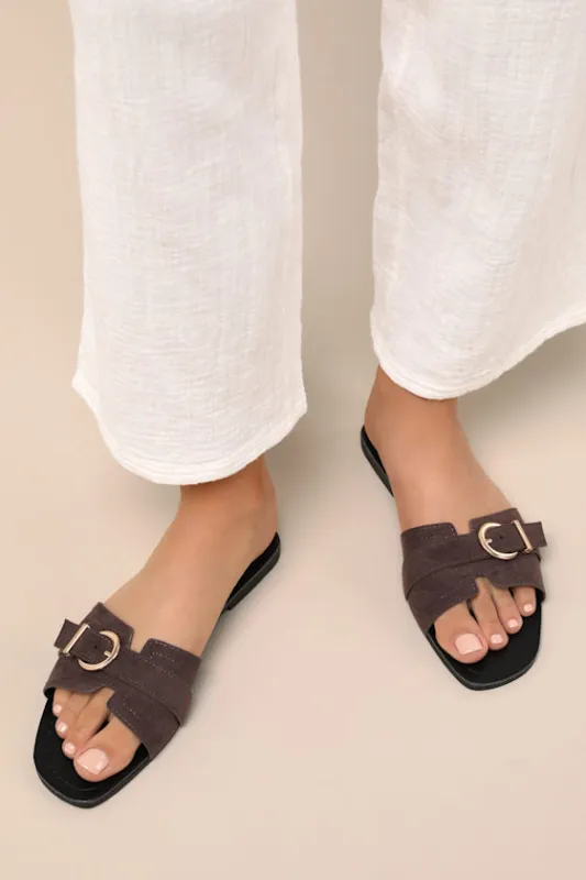Edetta Chocolate Suede Buckle Slide Sandals sold by Lulus