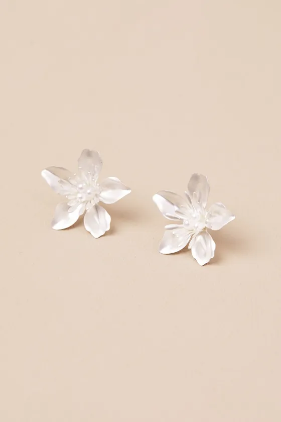Maige White Flower Stud Earrings sold by Lulus product image thumbnail 3