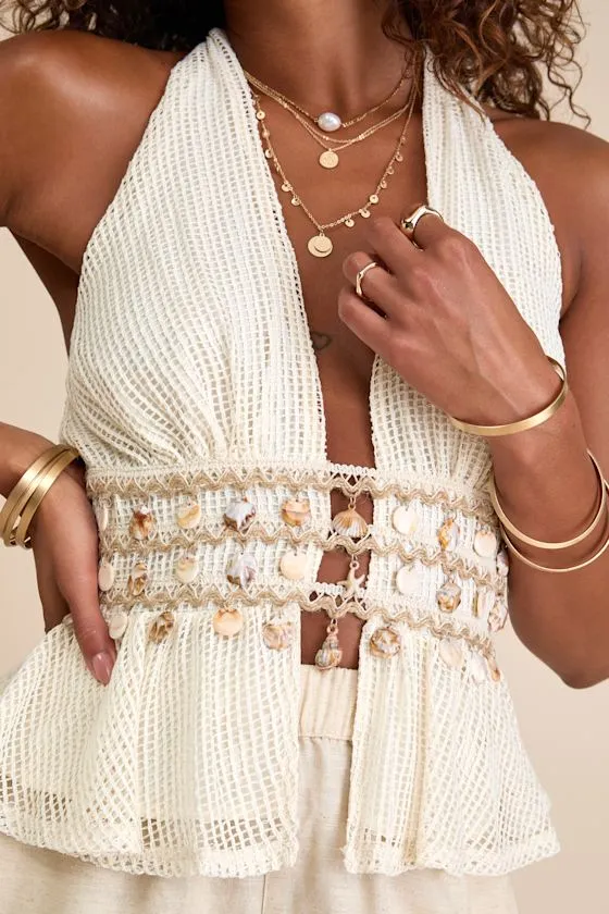 Dione Cream Crochet Halter Seashell Charm Tank Top sold by Lulus product image thumbnail 2