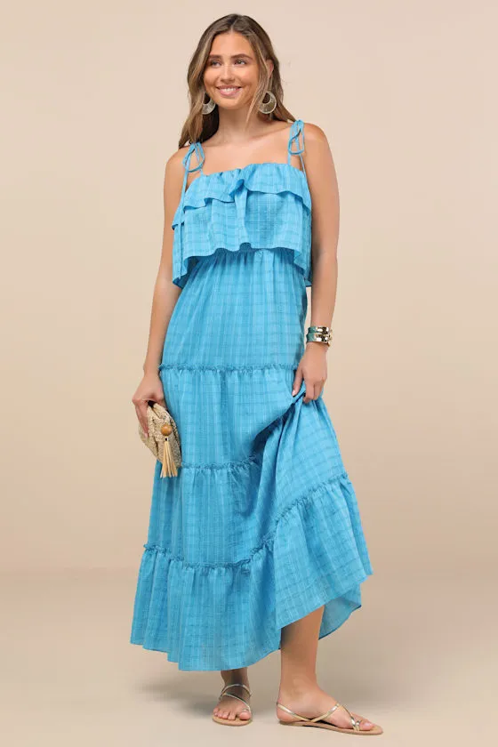 Inaya Aqua Blue Textured Tie-Strap Tiered Maxi Dress sold by Lulus product image thumbnail 2