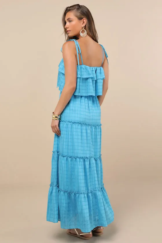 Inaya Aqua Blue Textured Tie-Strap Tiered Maxi Dress sold by Lulus product image thumbnail 3