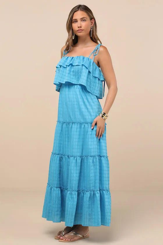 Inaya Aqua Blue Textured Tie-Strap Tiered Maxi Dress sold by Lulus product image thumbnail 4