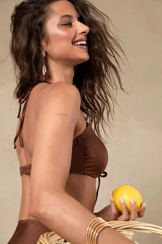 Keola Shiny Brown Drawstring Bandeau Bikini Top sold by Lulus product image thumbnail 3