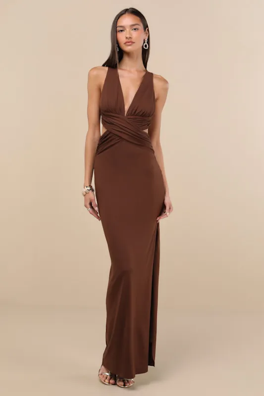 Alexandria Brown Backless Column Maxi Dress sold by Lulus
