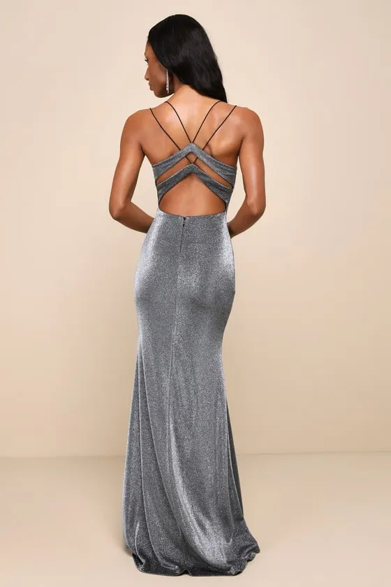 Toasting the Evening Shiny Silver and Black Backless Maxi Dress sold by Lulus product image thumbnail 2