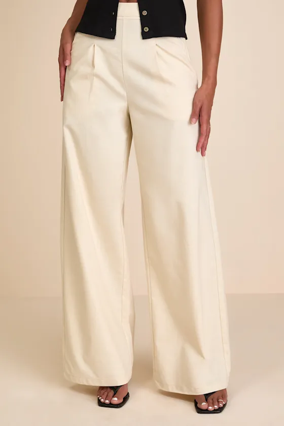 Hansley Cream Pleated High-Rise Wide-Leg Trouser Pants sold by Lulus product image thumbnail 3