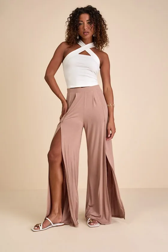 Knockout Light Brown Wide-Leg Slit-Front Pants sold by Lulus product image thumbnail 2