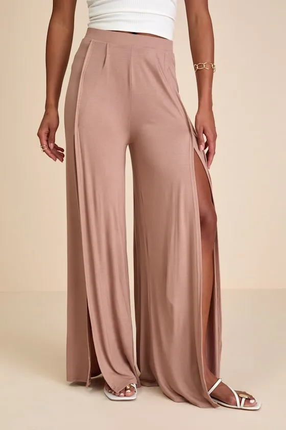 Knockout Light Brown Wide-Leg Slit-Front Pants sold by Lulus product image thumbnail 3