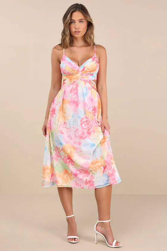 Ettalie Pink Multi Floral Lace-Up Midi Dress sold by Lulus product image thumbnail 2