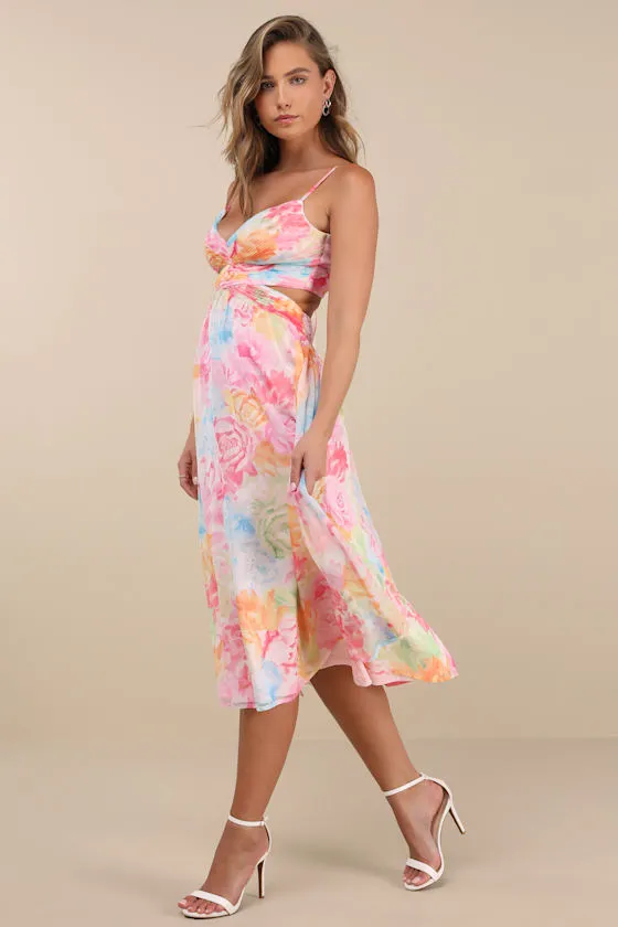 Ettalie Pink Multi Floral Lace-Up Midi Dress sold by Lulus product image thumbnail 3