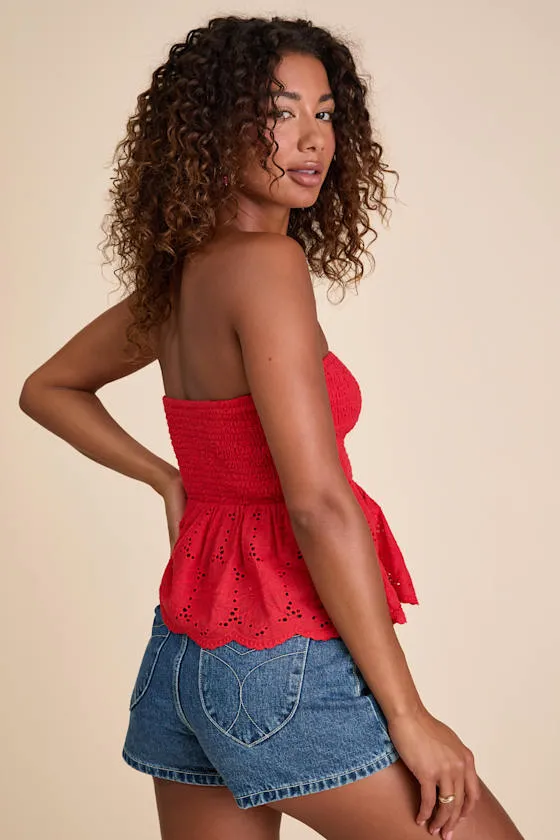 Ahura Red Eyelet Embroidered Peplum Strapless Top sold by Lulus product image thumbnail 3