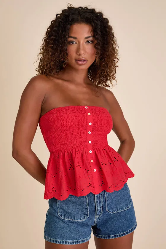 Ahura Red Eyelet Embroidered Peplum Strapless Top sold by Lulus product image thumbnail 4