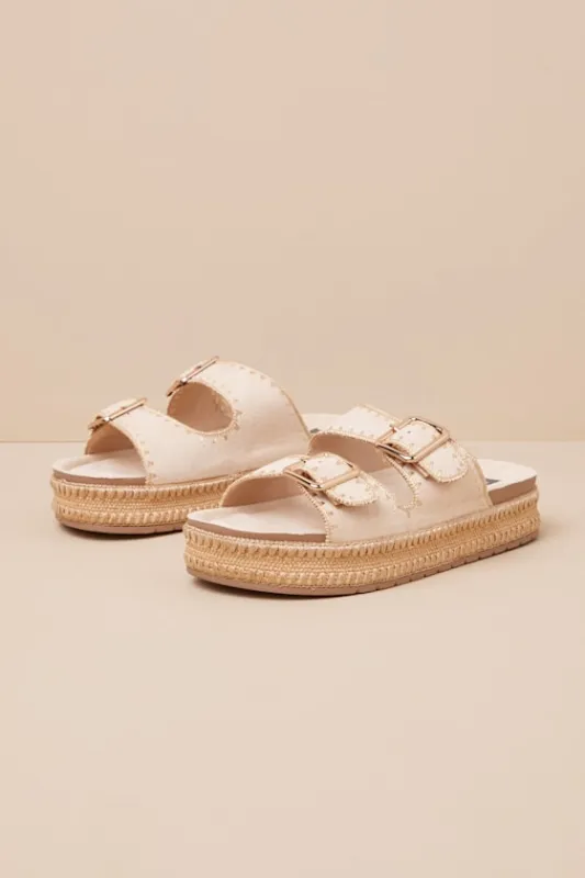 Cubana Natural Suede Raffia Platform Buckle Slide Sandals sold by Lulus