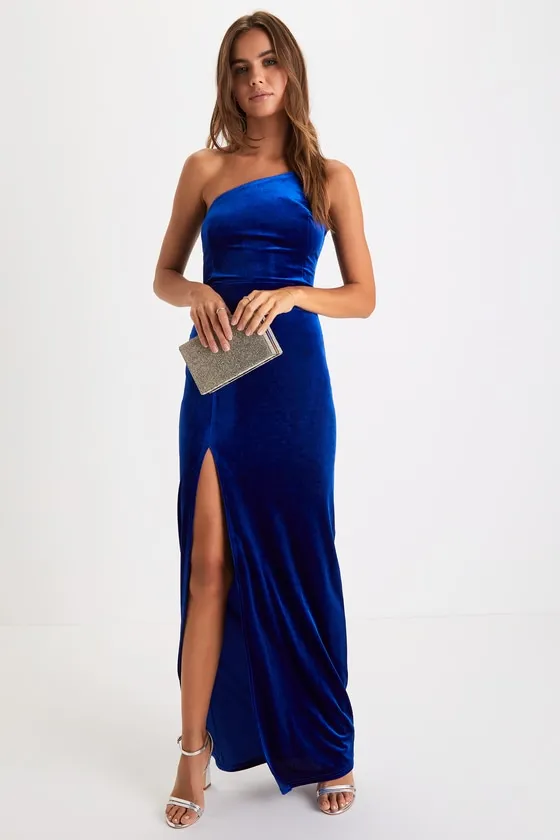 Keeper of My Heart Royal Blue Velvet One-Shoulder Maxi Dress sold by Lulus