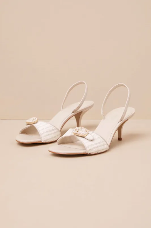 Henrietta Pearl Tweed Pearl Slingback High Heel Sandals sold by Lulus