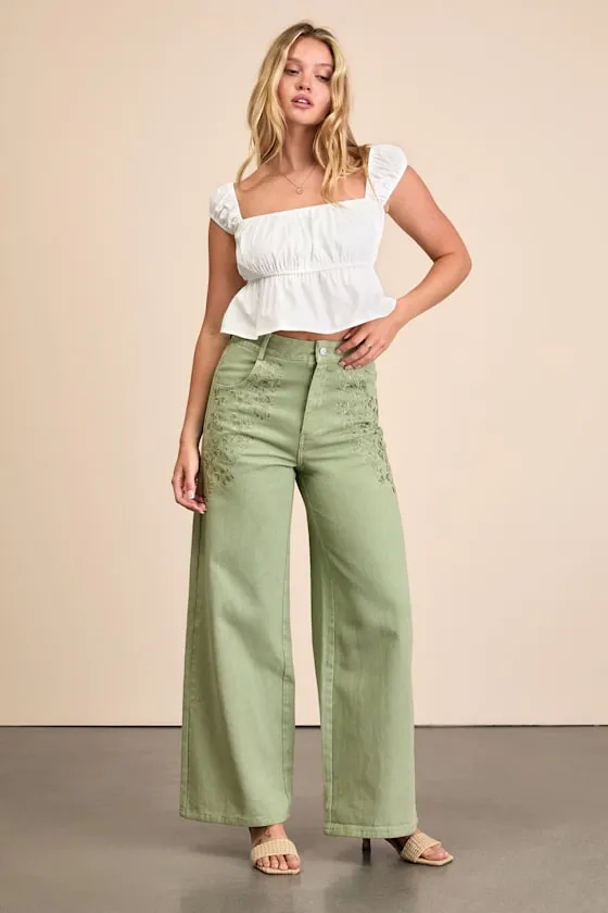 Ronnie Sage Green Twill Embroidered Wide-Leg Pants sold by Lulus