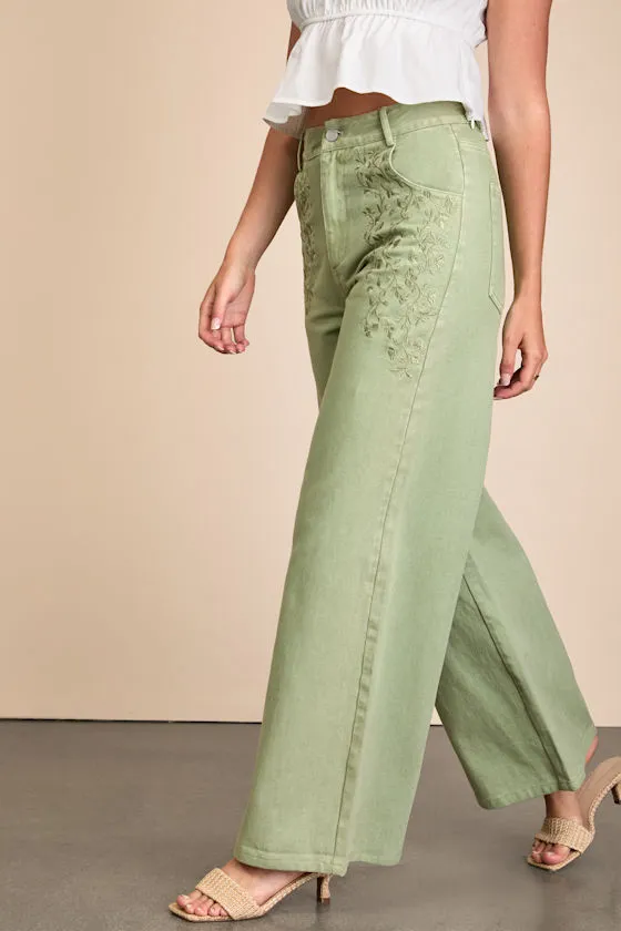 Ronnie Sage Green Twill Embroidered Wide-Leg Pants sold by Lulus product image thumbnail 2