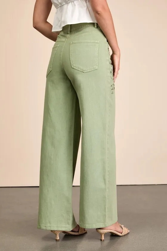 Ronnie Sage Green Twill Embroidered Wide-Leg Pants sold by Lulus product image thumbnail 3