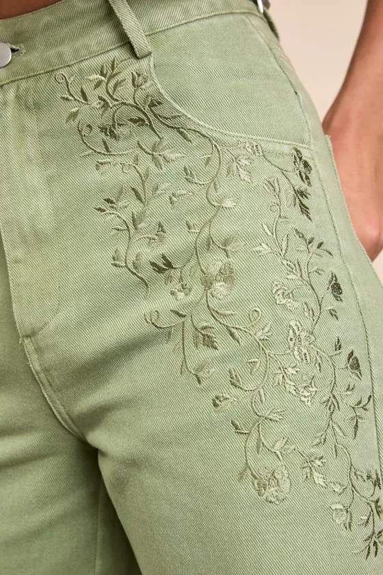 Ronnie Sage Green Twill Embroidered Wide-Leg Pants sold by Lulus product image thumbnail 4