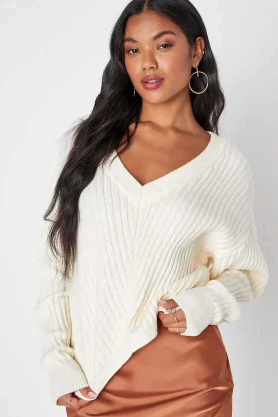 Effortless Season Ivory Ribbed V-Neck Long Sleeve Sweater sold by Lulus