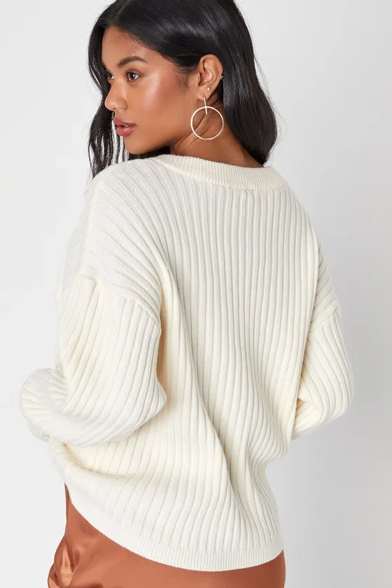 Effortless Season Ivory Ribbed V-Neck Long Sleeve Sweater sold by Lulus product image thumbnail 3