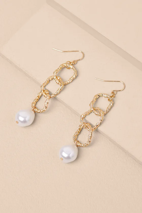 Hedley Gold Chain Link Pearl Drop Earrings sold by Lulus product image thumbnail 2