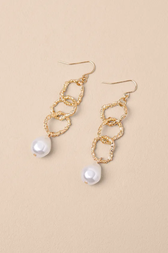 Hedley Gold Chain Link Pearl Drop Earrings sold by Lulus product image thumbnail 4