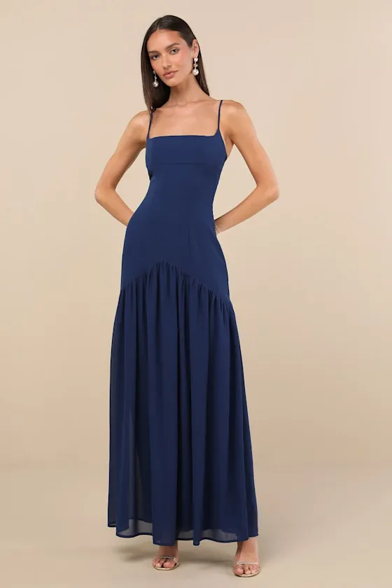 Auria Navy Blue Chiffon Drop Waist Maxi Dress sold by Lulus