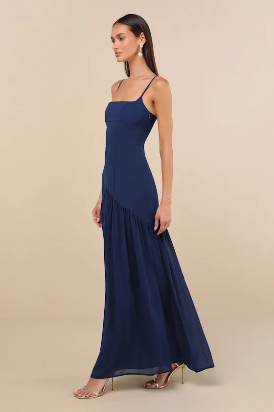 Auria Navy Blue Chiffon Drop Waist Maxi Dress sold by Lulus product image thumbnail 4
