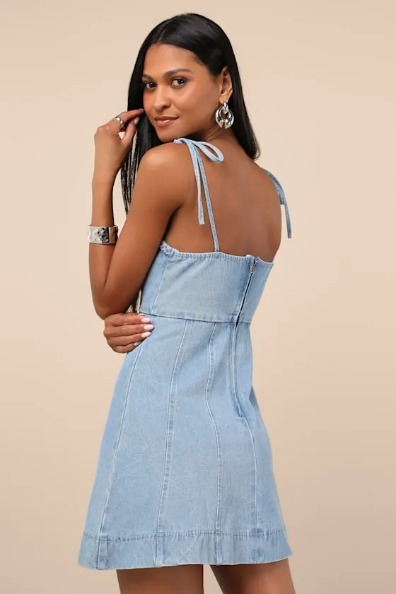 Kamda Light Wash Denim Tie-Strap Mini Dress sold by Lulus product image thumbnail 3