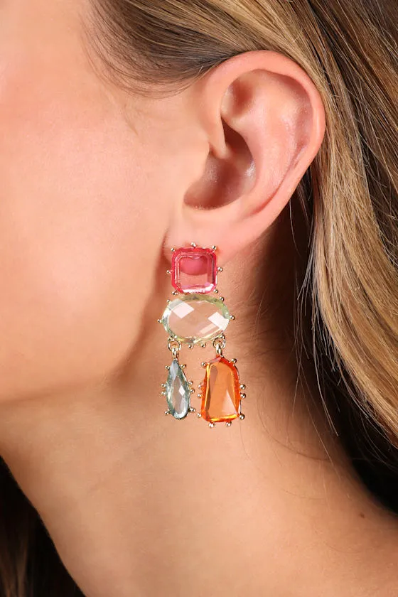 Melena Gold Multi Rhinestone Drop Earrings sold by Lulus