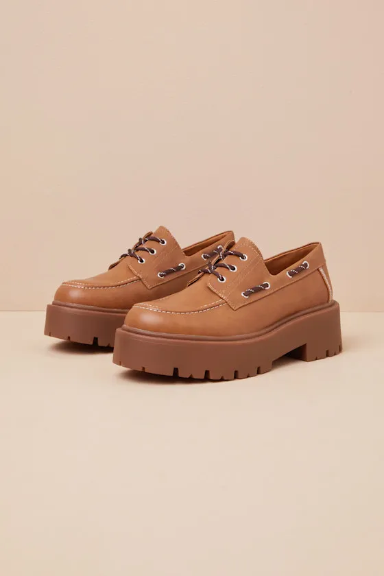 Caden Tan Lace-Up Platform Loafers sold by Lulus