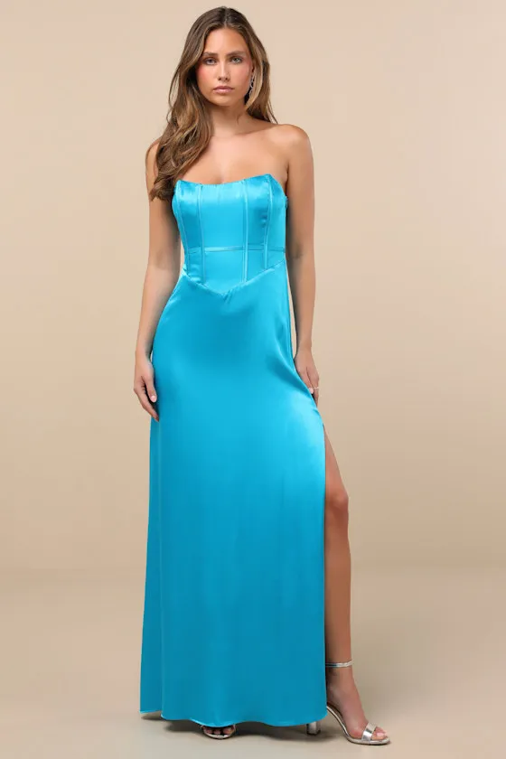 Extraordinary Presence Aqua Blue Satin Strapless Maxi Dress sold by Lulus
