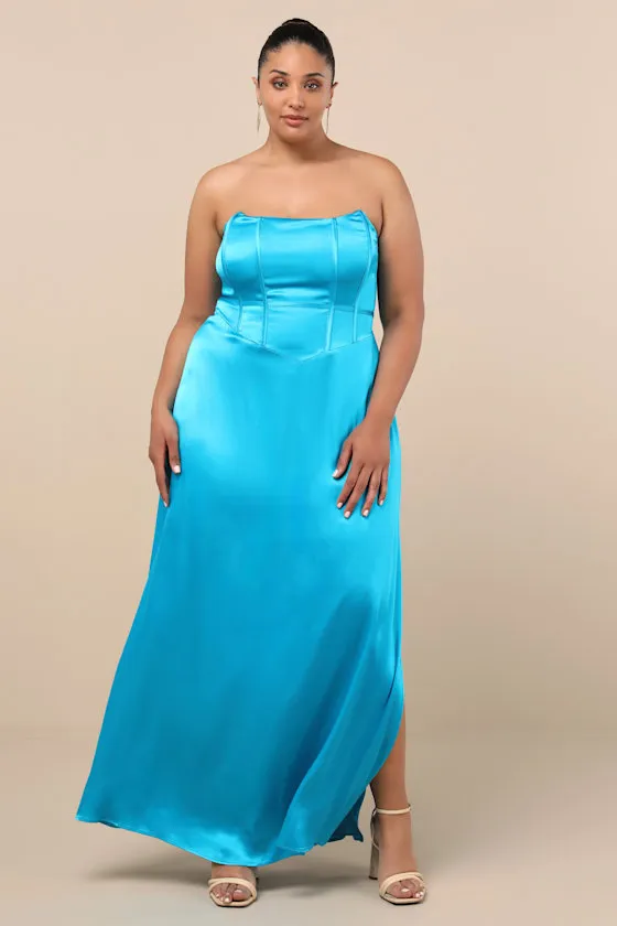 Extraordinary Presence Aqua Blue Satin Strapless Maxi Dress sold by Lulus product image thumbnail 2