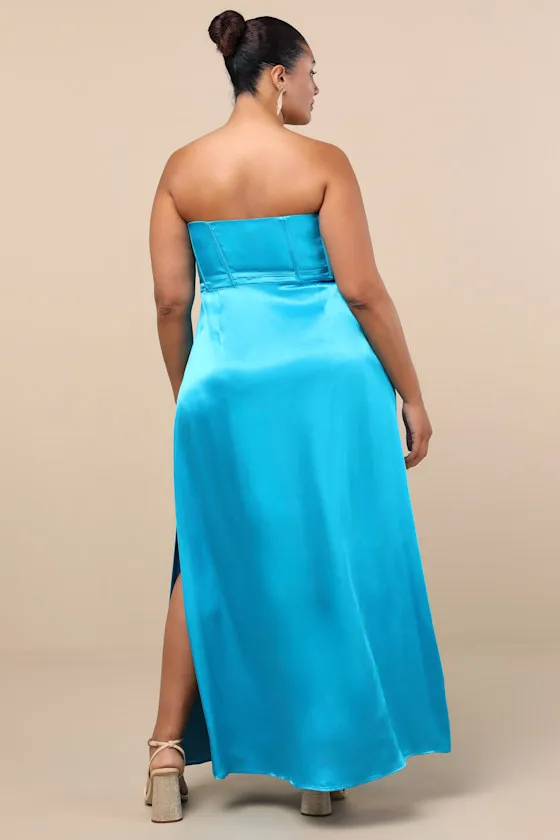 Extraordinary Presence Aqua Blue Satin Strapless Maxi Dress sold by Lulus product image thumbnail 4