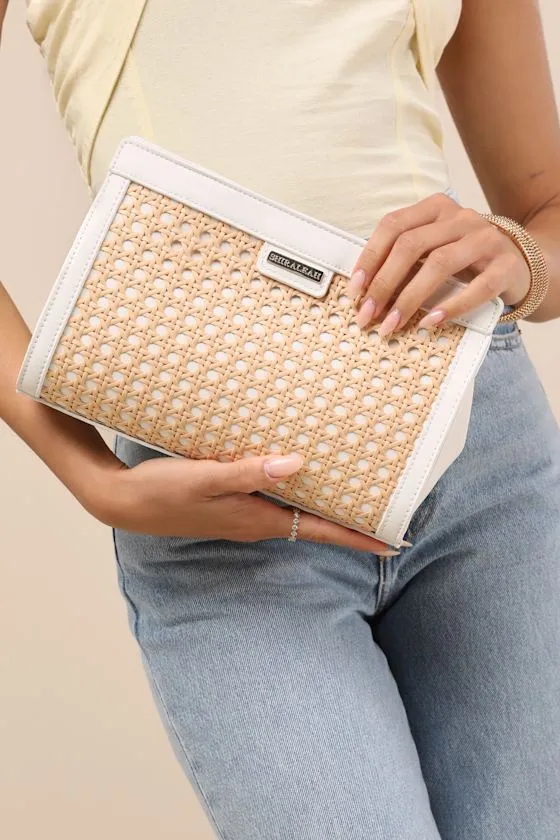 Soleil White and Tan Woven Clutch sold by Lulus