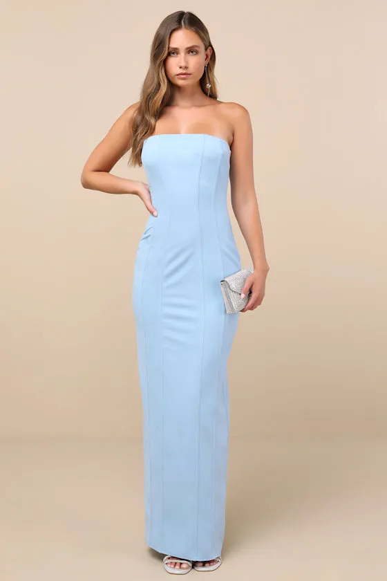 Ismene Light Blue Seamed Strapless Maxi Dress sold by Lulus