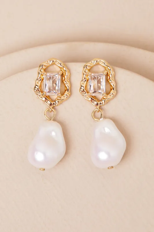 Abigail Gold and White Pearl Drop Earrings sold by Lulus