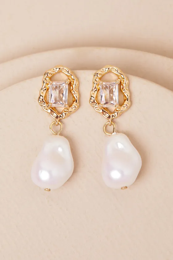 Abigail Gold and White Pearl Drop Earrings sold by Lulus