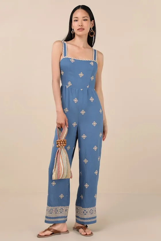 Arwen Blue Embroidered Wide-Leg Jumpsuit sold by Lulus