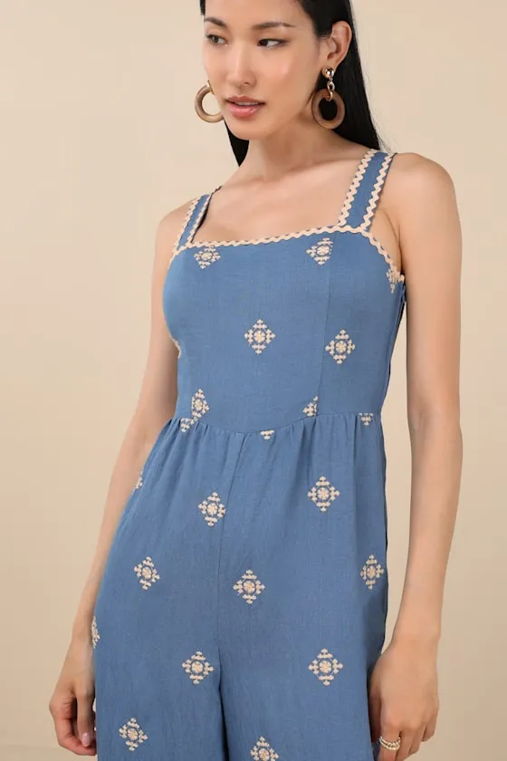 Arwen Blue Embroidered Wide-Leg Jumpsuit sold by Lulus product image thumbnail 4