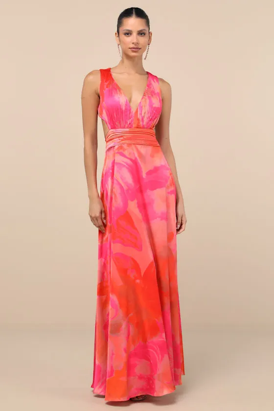 Dedra Pink and Orange Abstract Pleated Maxi Dress sold by Lulus