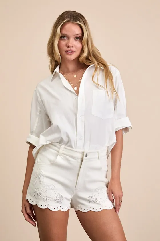 Zillah Ivory Twill Eyelet Embroidered Scalloped Shorts sold by Lulus