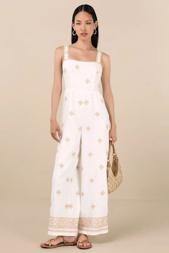 Arwen Ivory Embroidered Wide-Leg Jumpsuit sold by Lulus