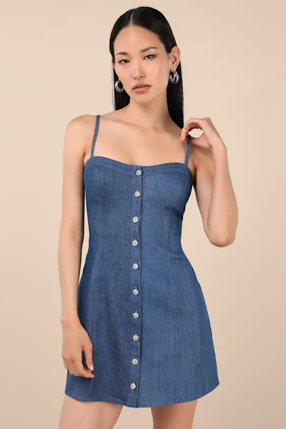Blakely Blue Chambray Button-Front Mini Dress sold by Lulus