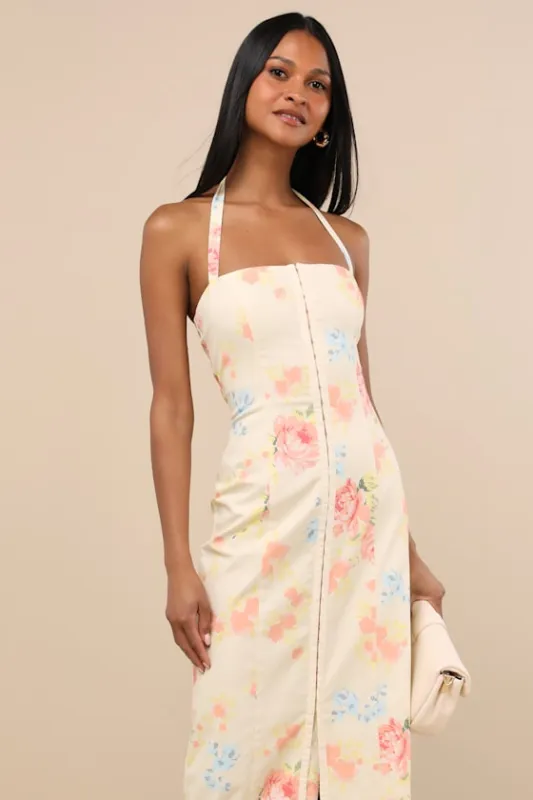 Arrosa Light Yellow Floral Halter Midi Dress sold by Lulus