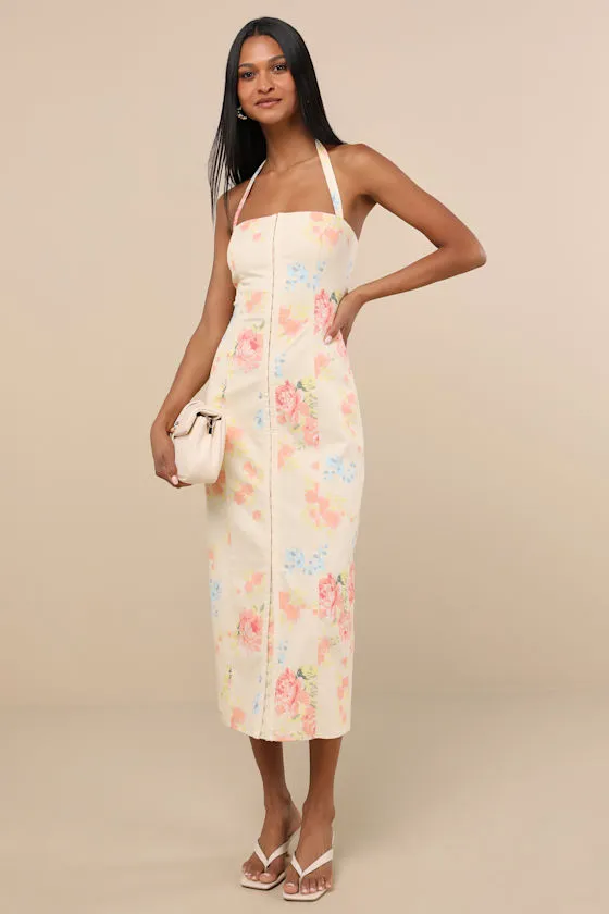 Arrosa Light Yellow Floral Halter Midi Dress sold by Lulus product image thumbnail 2